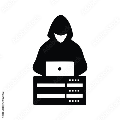 Hacker with a laptop accessing server data in a cybersecurity breach, hacker accessing server silhouette vector illustration