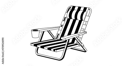 Classic striped beach chair with cup holder, perfect for relaxing outdoors.