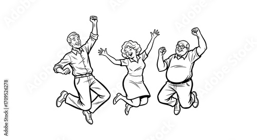 Three joyful people celebrating and jumping with excitement outdoors on a sunny day.