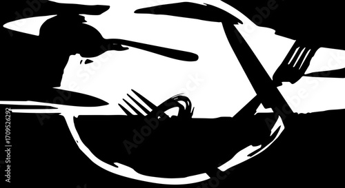 Dynamic abstract representation of culinary art with cutlery and bowl, evoking modern dining experiences.