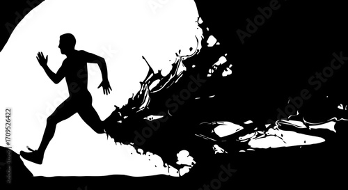 Dynamic male runner silhouette bursts through abstract black ink splash, representing speed and power.