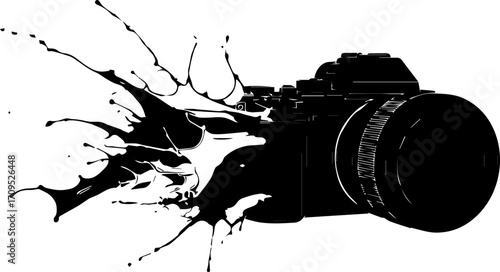 Dynamic camera explodes with creative ink splashes, symbolizing innovation and artistic vision