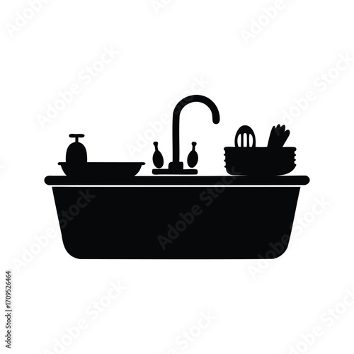 Black Silhouette of Kitchen Sink with Soap, Bowl, and Utensils Illustration, kitchen sink with dishes silhouette vector illustration