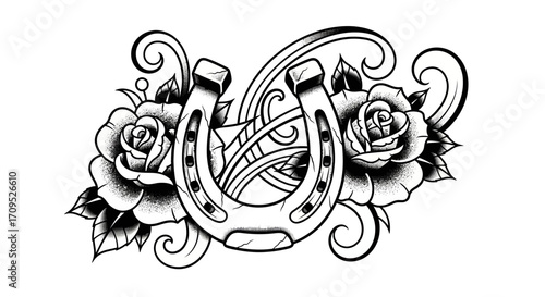 Classic horseshoe and roses tattoo design symbolizing luck and beauty.
