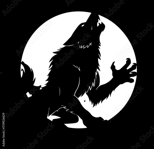 Fierce werewolf howling at full moon, primal energy captured in dramatic silhouette art