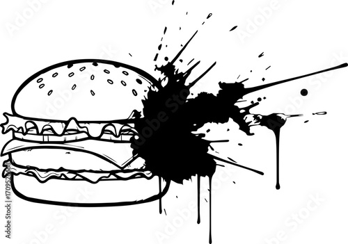 Dynamic splatter art burger graphic for bold food branding and culinary designs