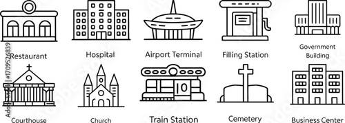 Line art icons depicting various types of buildings design