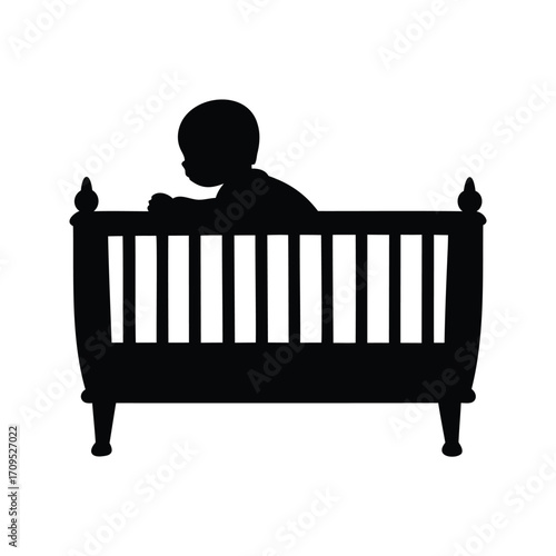 A silhouette of a baby in a crib, representing infancy and childhood, newborn baby in crib silhouette vector illustration