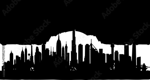 Dynamic city skyline silhouette against dramatic mountain backdrop, representing urban ambition and natural grandeur.