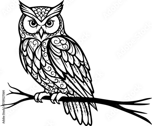 Majestic owl with intricate patterns perches elegantly on a bare branch, symbolizing wisdom and mystery