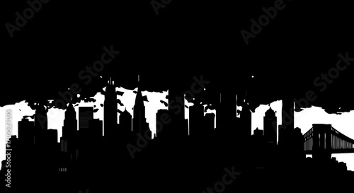 Dramatic black silhouette of a bustling city skyline with iconic bridge, evoking urban energy and modern ambition.