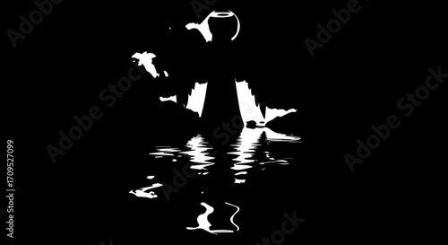 Abstract angel silhouette with light rays and water reflection, evoking hope and divinity