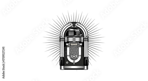 Retro jukebox radiating vintage music vibes in a classic monochrome style