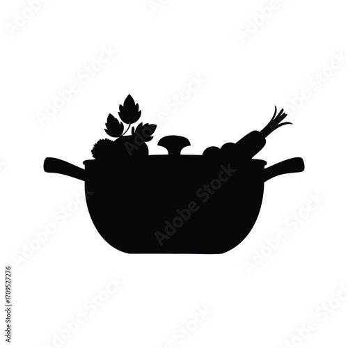 Silhouette of a pot full of vegetables for healthy cooking, pan with vegetables silhouette vector illustration