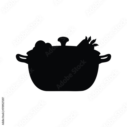 Silhouette of a pot full of vegetables, delicious and nutritious meal, pan with vegetables silhouette vector illustration