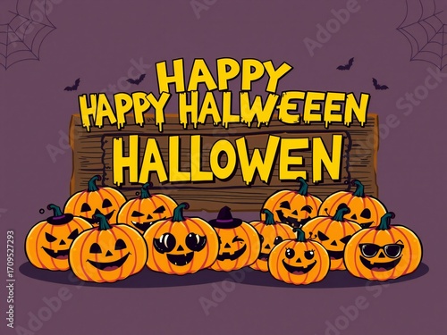 Happy halloween wooden sign with a group of carved pumpkins