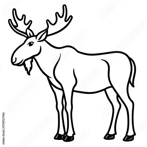 A majestic bull moose with large antlers depicted as a simple black outline silhouette isolated on white background