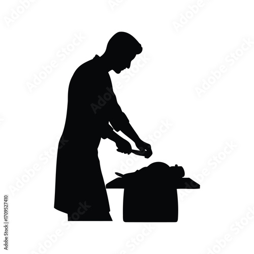 Silhouette of butcher preparing meat on cutting board with a knife, person cutting meat silhouette vector illustration