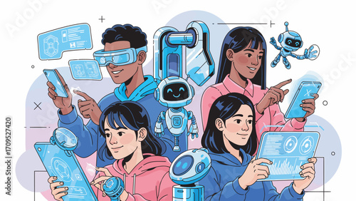 Diverse group of young people interacting with futuristic technology and robots in a bright, optimistic setting, showcasing innovation and connection.