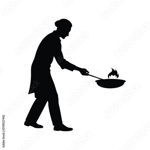 A silhouette of a chef cooking flamb������ using a pan and utensil, person frying food silhouette vec