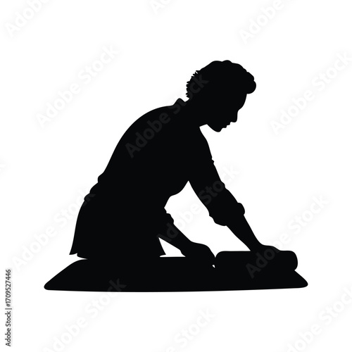 Silhouette of a woman ironing clothes, focusing on domestic work and responsibilities, person rolling dough silhouette vector illustration