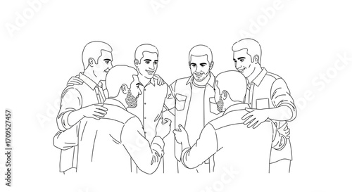 A diverse group of men sharing a moment of camaraderie and support, embracing each other in a circle.