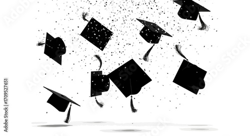 Celebratory graduation caps flying through the air with confetti