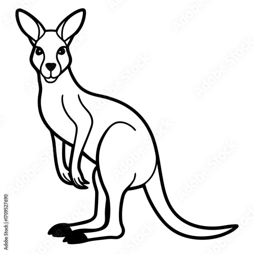 A simple black and white line drawing of a kangaroo standing upright isolated on white background silhouette