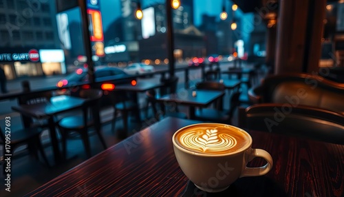Intricate latte art in a ceramic cup sits on a dark wooden table in a dimly lit city cafe at night,  low light,  cozy