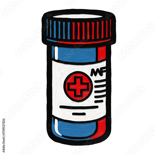 A cartoon illustration of a blue and red medicine bottle with a white label featuring a red cross symbol.