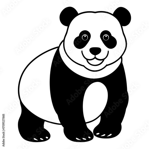 A cheerful cartoon panda bear with black and white markings standing and smiling isolated on white background silhouette