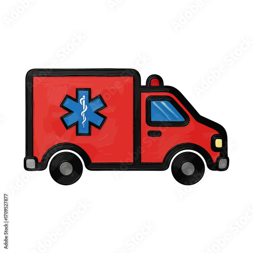 Cartoon illustration of a red ambulance vehicle with a stylized design, featuring a medical symbol.