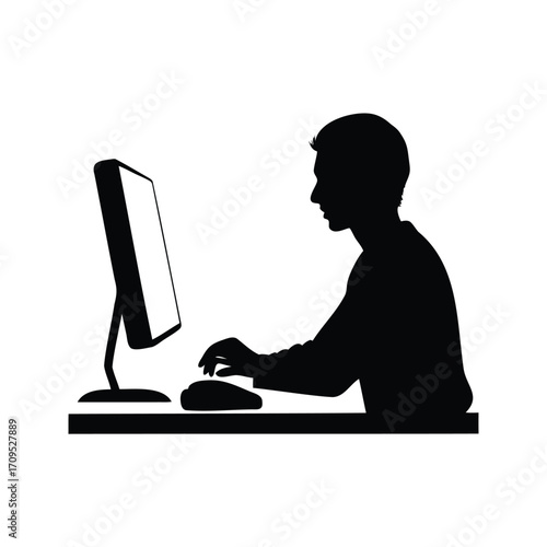 Silhouette of a person working on a computer at a desk, view from side, person with mouse clicking on computer silhouette vector illustration