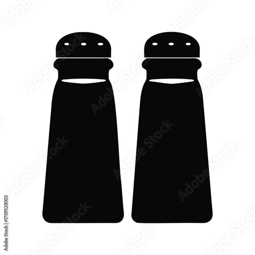 Black silhouette illustration of salt and pepper shakers on white background, salt and pepper shakers silhouette vector illustration
