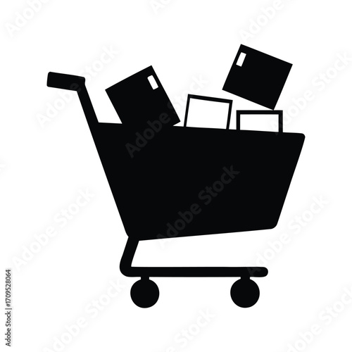 Black Shopping Cart Silhouette Filled with Boxes Ready for Transportation, shopping cart with electronics silhouette vector illustration