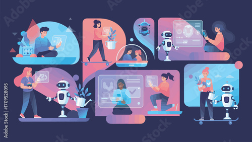 People interact with robots and artificial intelligence in various settings, showcasing the integration of technology into daily life with a futuristic theme.