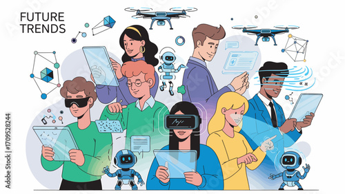 Diverse group of people interact with futuristic technology, including tablets, VR headsets, and drones, representing innovation and progress in a modern setting.