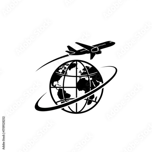 Airplane flying over a globe with an orbital path in black and white travel and transport concept design created with generated ai