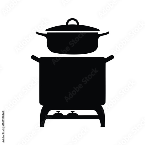 Black Silhouette of a Chafing Dish with Lid and Burners on White, stove with pot silhouette vector illustration