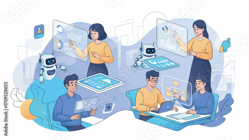 Team collaborates on futuristic project using holographic displays and AI robots in a modern office, showcasing innovation and teamwork.