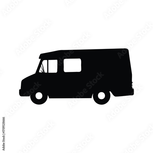 Black silhouette of a delivery van or food truck on a white background, taco truck silhouette vector illustration