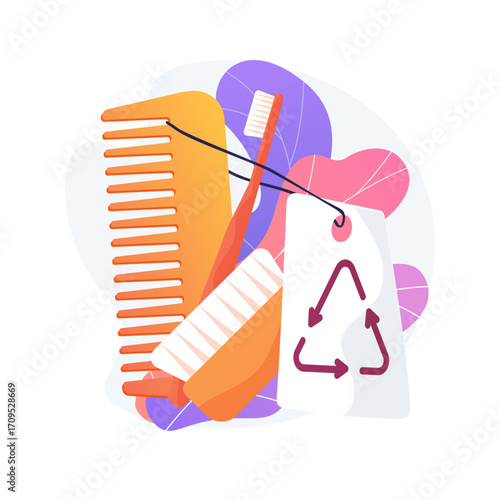 vector illustration of a comb and scissors Recycling symbols with a comb and tag, on a light background with purple and orange elements