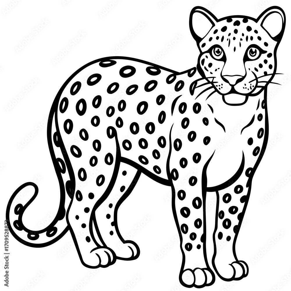 Naklejka premium A playful black and white outline drawing of a spotted leopard standing alert isolated on white background silhouette