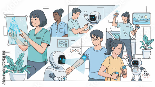 Diverse group of people interacting with robots and holographic displays in a modern, technologydriven environment, showcasing innovation and future possibilities.
