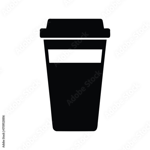 A simplistic monochrome graphic representation of a disposable coffee cup icon, takeaway coffee cup silhouette vector illustration