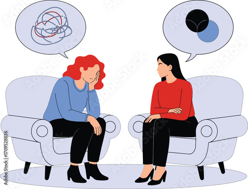 Woman in therapy session with thoughts and therapist present