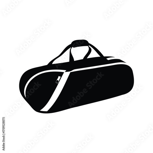Black and White Graphic Illustration of a Gym Duffle Bag with Straps, badminton bag silhouette vector illustration