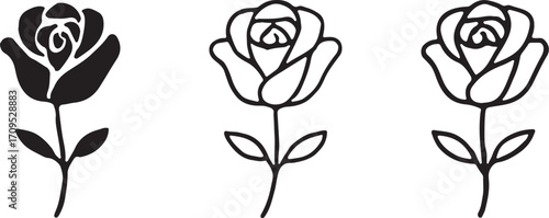 PrintThree stylized roses in black and white line art and silhouette