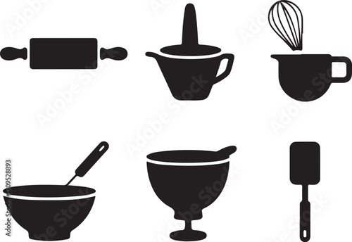 Set of five bold black vector icons representing various baking elements and tools