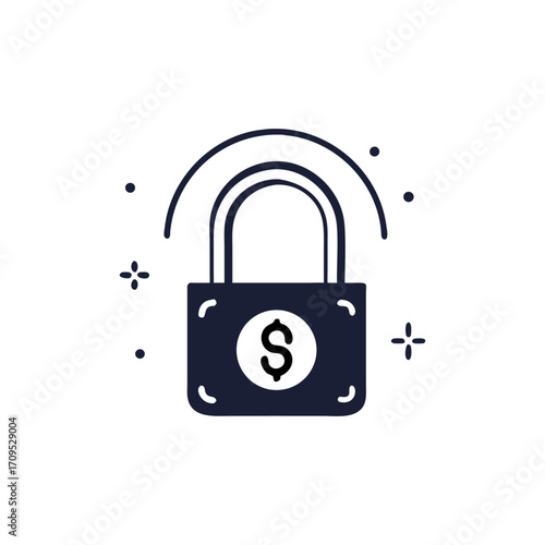 Flat vector illustration of padlock with dollar sign and sparkles. Ideal for financial security, safe money, online payment, banking protection, digital finance, and secure investment concepts